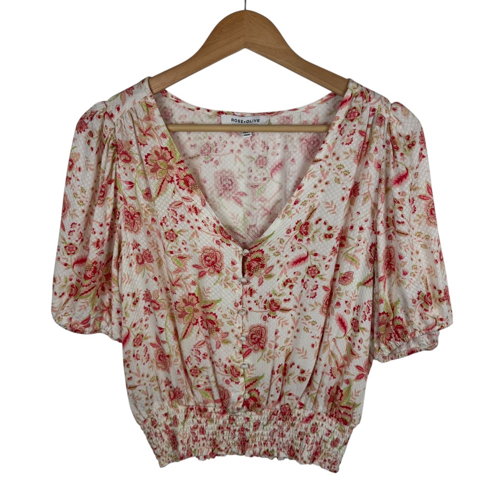 Rose+Olive Womens Floral Blouse Sz Small Smocked Waist V-Neck‎ Colorful Everyday